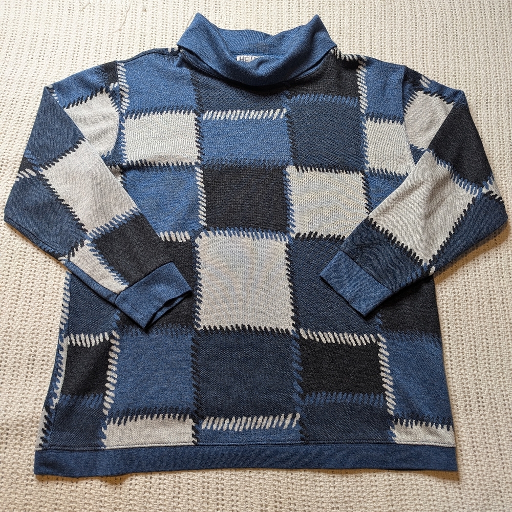 VTG Cathy Daniels Blue Cowl Slouchy Turtleneck Sweater Womens Large Patchwork
